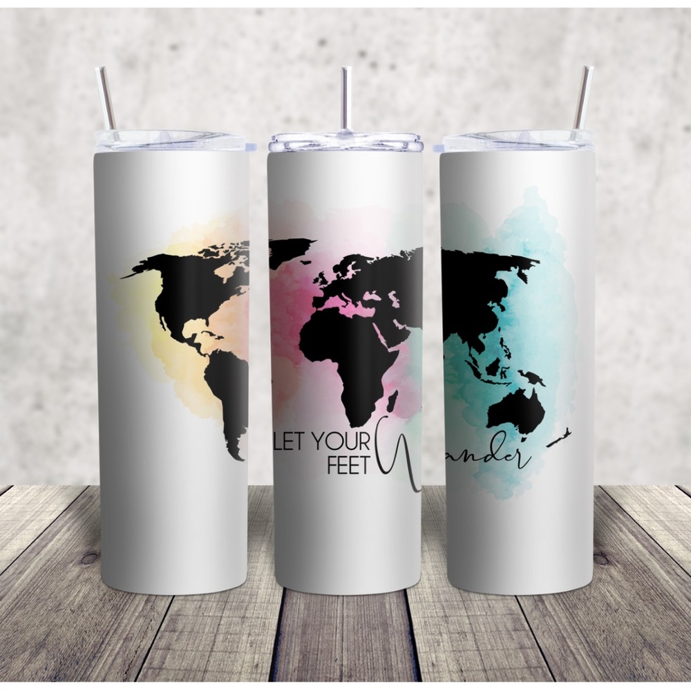 Hand Crafted World Map Tumbler - Black, Pink, Blue